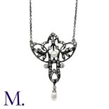 A Diamond and Pearl Pendant with Chain in silver, set with round cut diamonds, a pearl to the centre