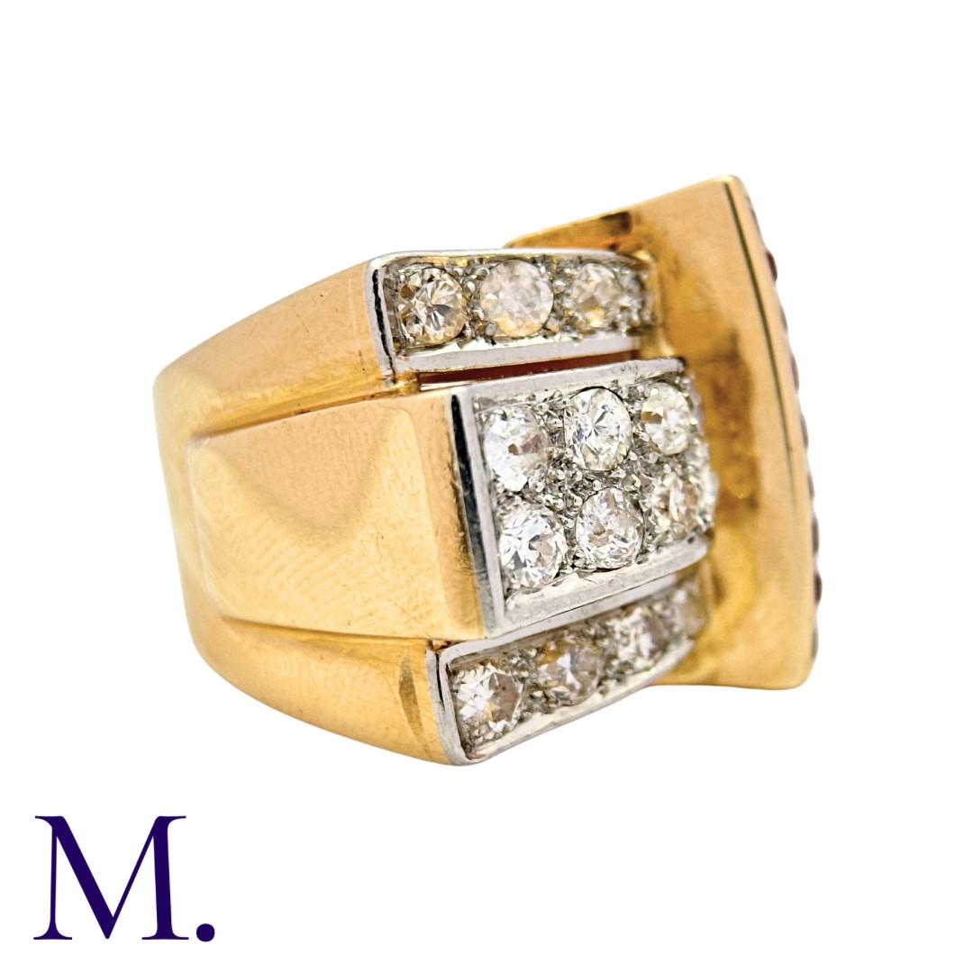 A Ruby & Diamond Retro Ring in 18K yellow gold, set with 16 old and transitional cut diamonds and - Image 4 of 4