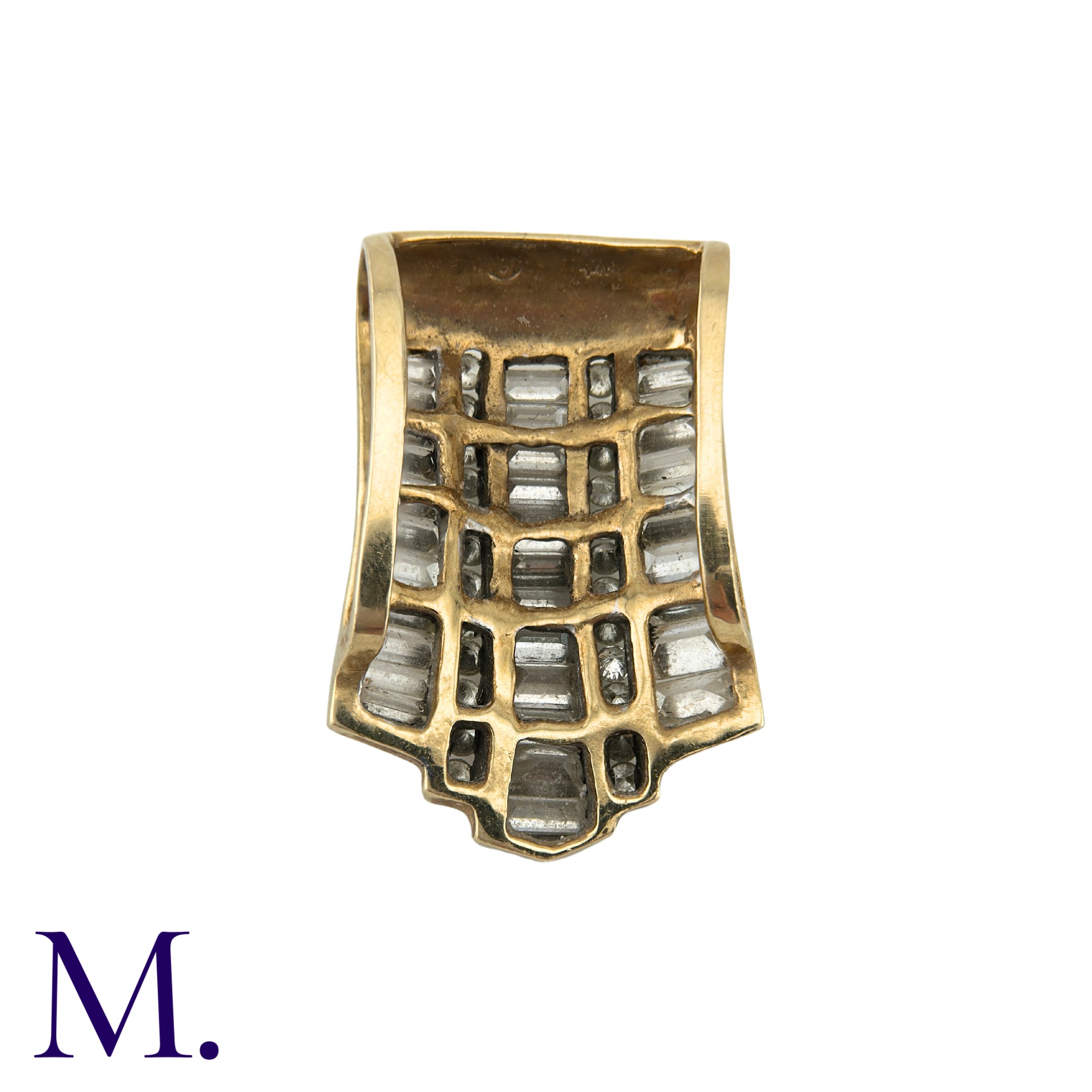 A Diamond Pendant in 14k yellow gold, set with three rows of baguette cut diamonds and two rows of - Image 3 of 3