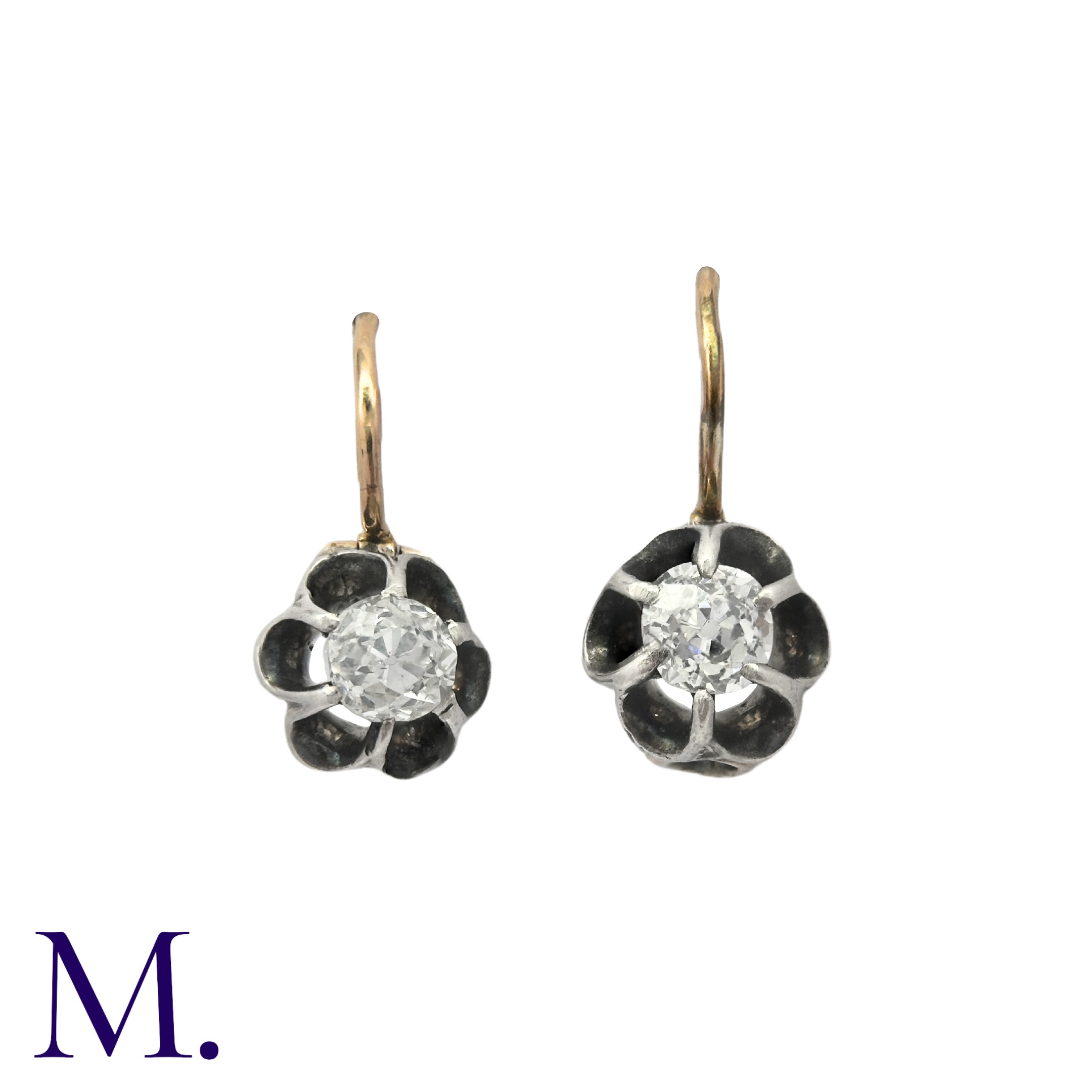 A Pair of Antique Old Cut Diamond Earrings in yellow gold and silver, each comprising an old cut