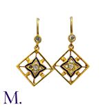 A Pair of Antique Enamel and Diamond Earrings in yellow gold, each comprising a rose cut diamond
