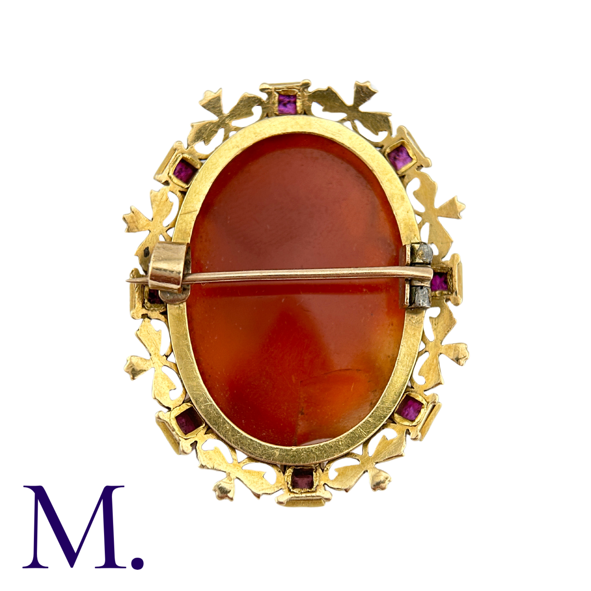 An Antique Carnelian, Ruby And Enamel Cameo Brooch in yellow gold, the carved carnelian cameo - Image 2 of 2