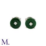 A Pair of Jade and Diamond Earrings in 18K white gold, set with a jade discs of approximately 6mm in