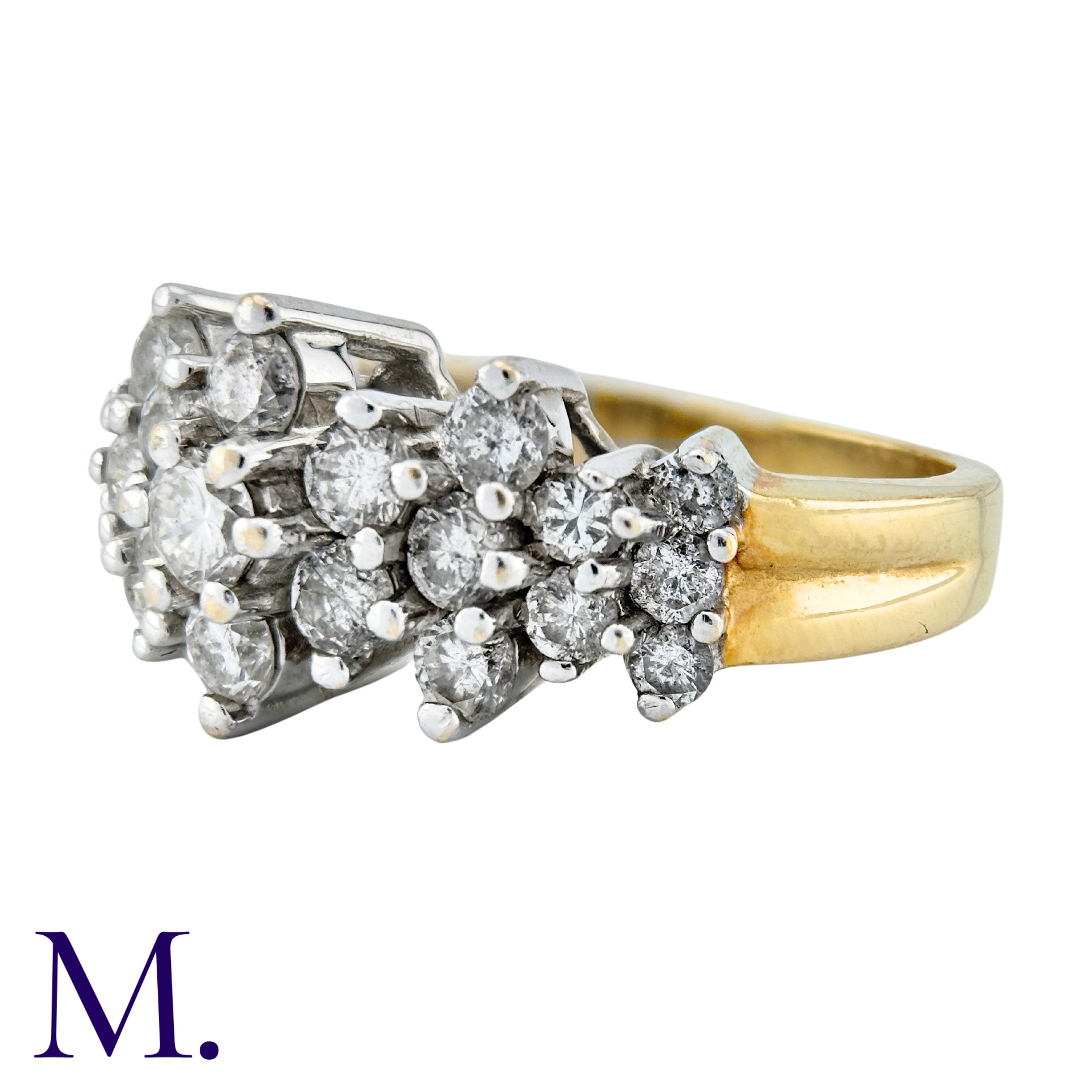 A Diamond Triple Cluster Ring in 9k yellow and white gold, comprising three clusters of diamonds all - Image 2 of 2
