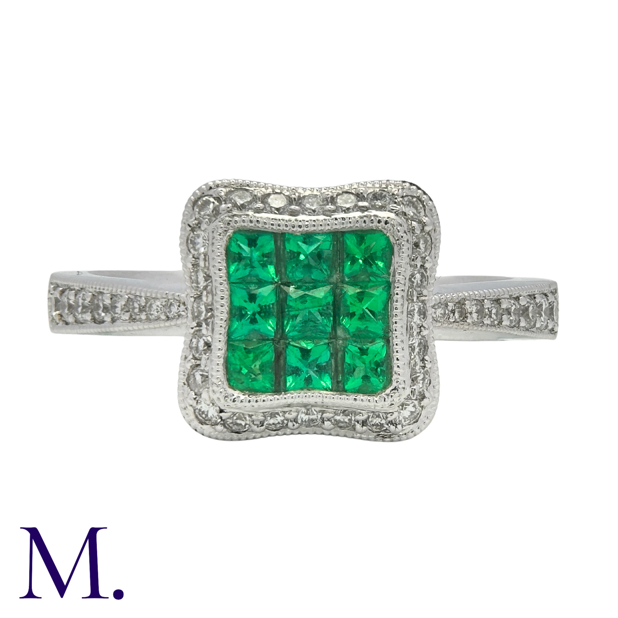 An Emerald and Diamond Ring in 18K white gold, set with nine square cut emeralds in a square panel - Image 2 of 5