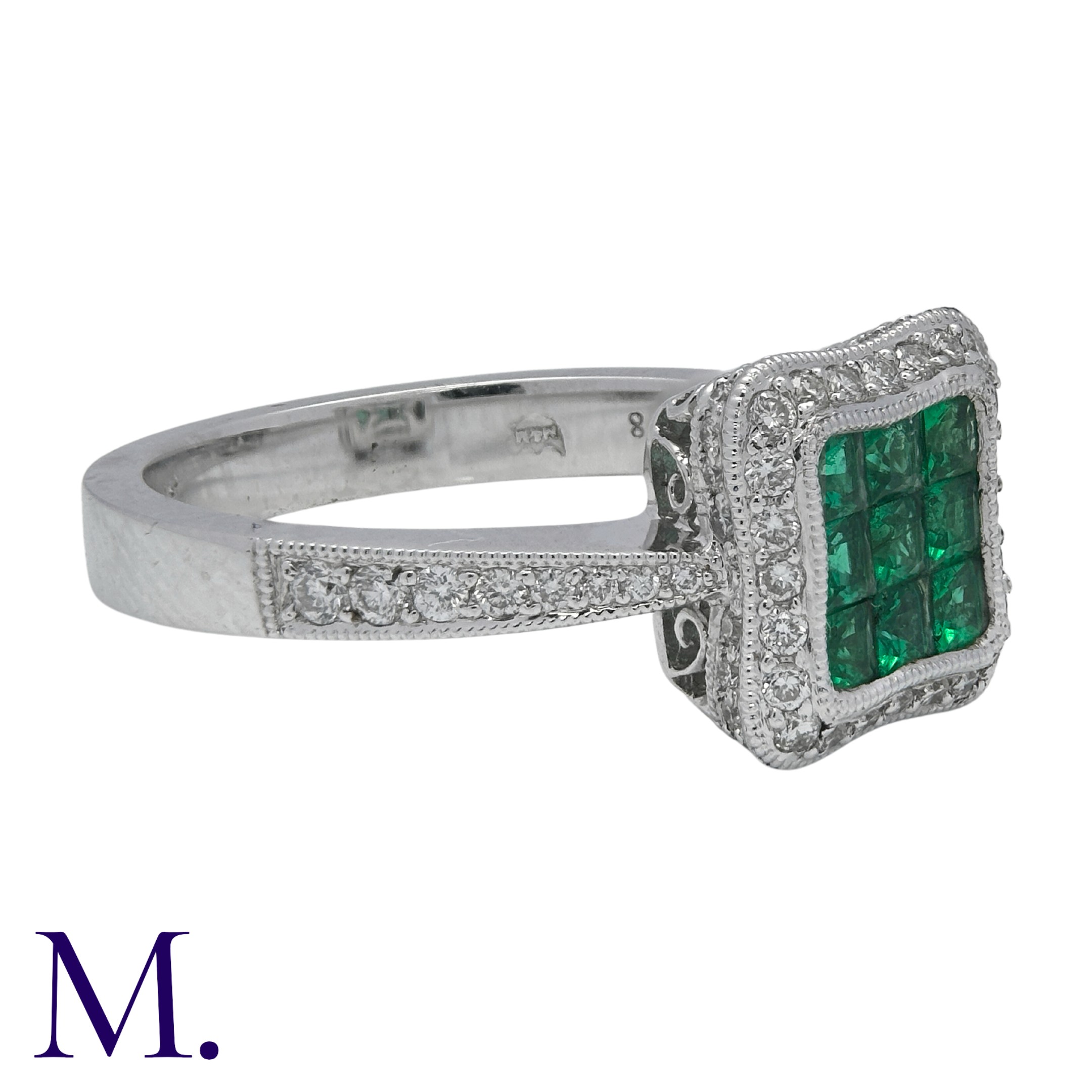 An Emerald and Diamond Ring in 18K white gold, set with nine square cut emeralds in a square panel - Image 3 of 5