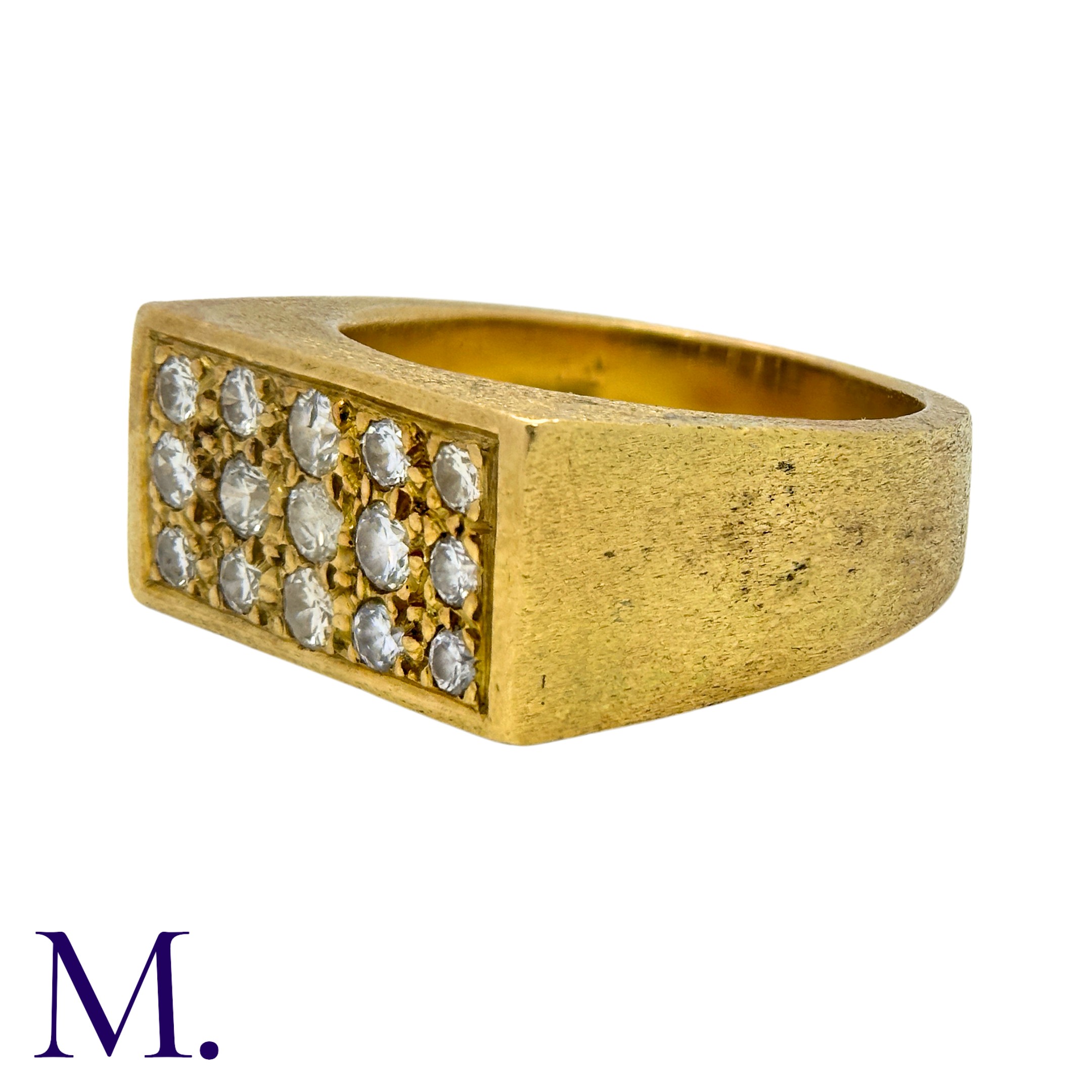 A Diamond-Set Signet Ring in 18K yellow gold, with textured, matt-finish band, set with three rows - Image 3 of 5