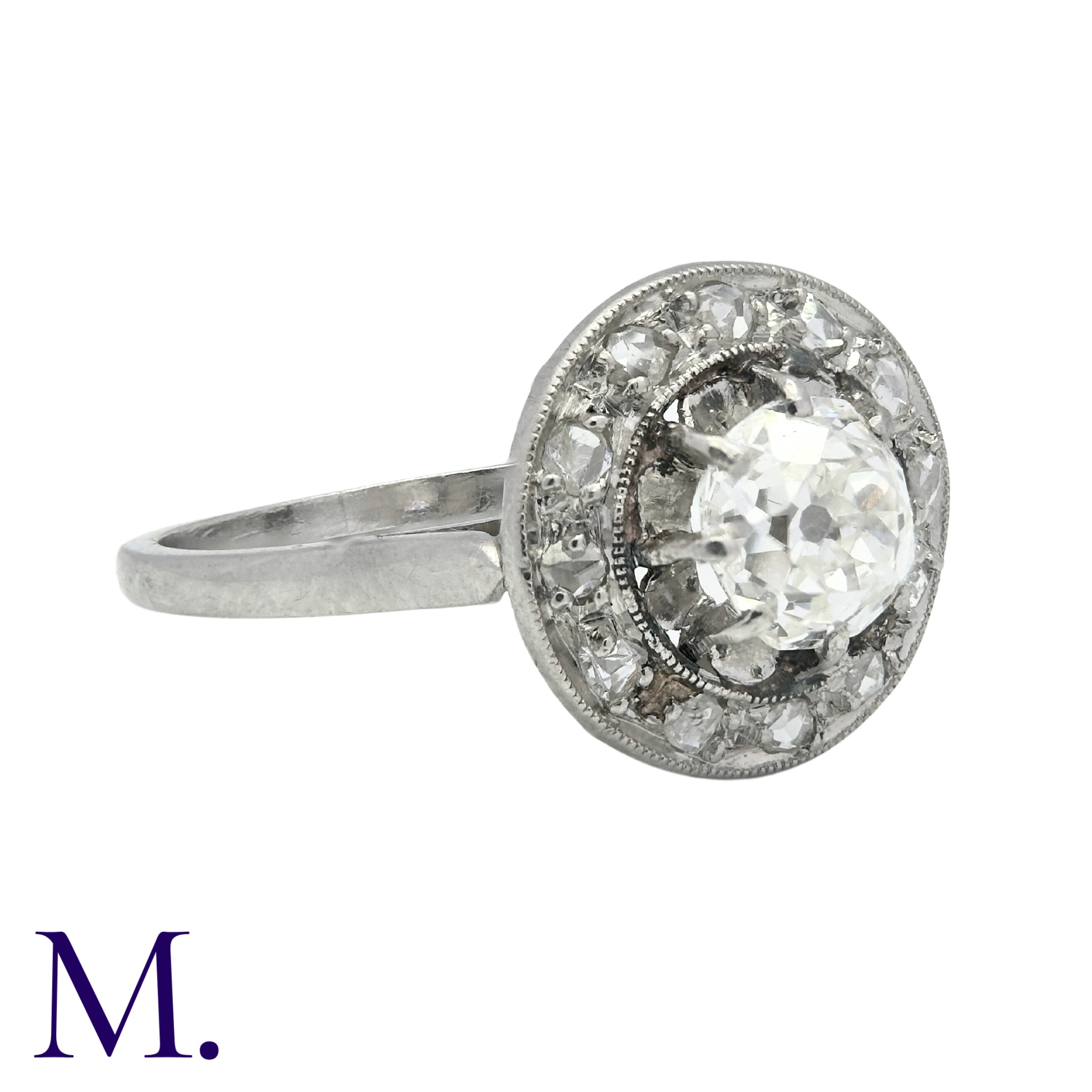 A Diamond Cluster Ring in platinum, set with an old cut diamond of approximately 1.0ct to the centre - Image 4 of 4