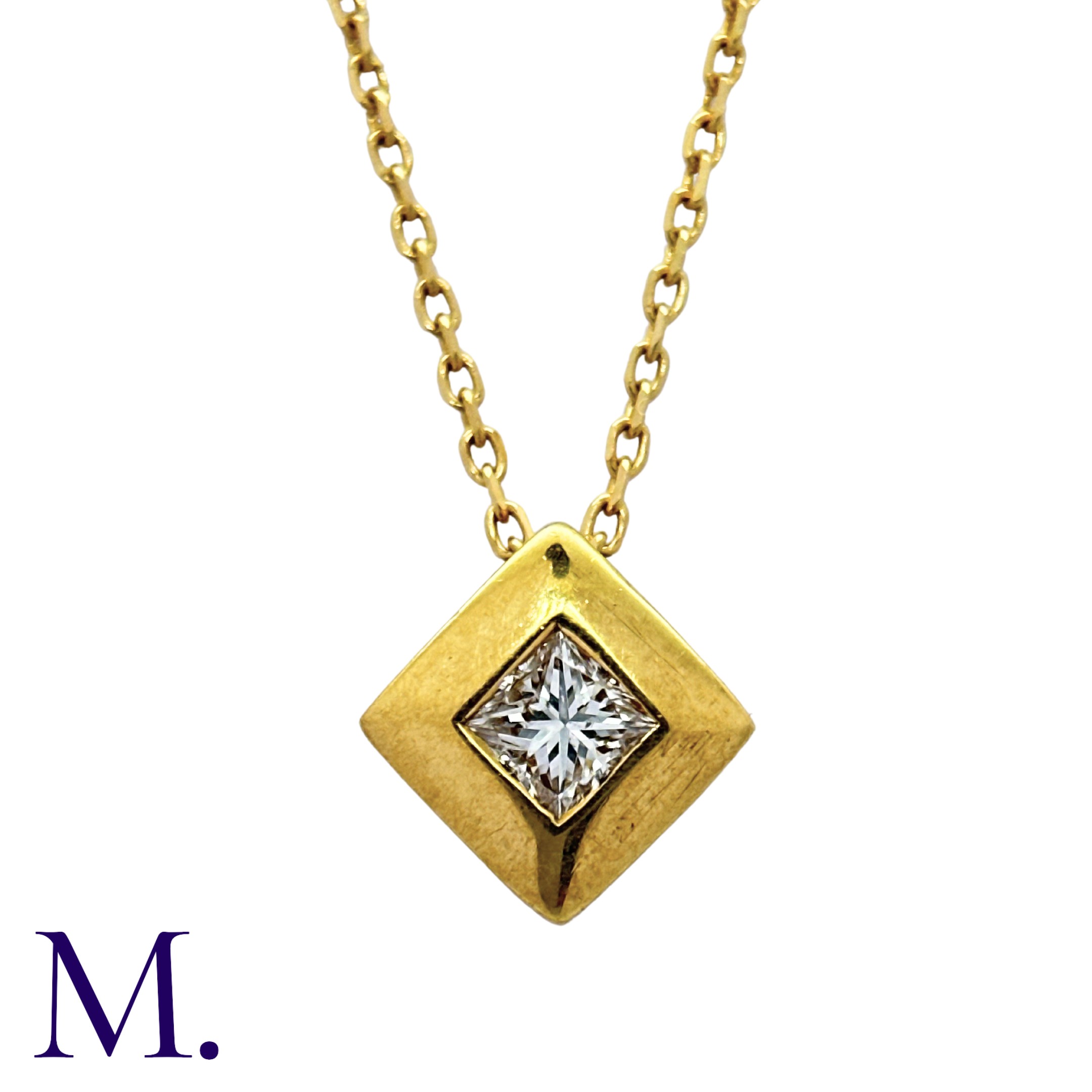 A Diamond Pendant and Chain in 18K yellow gold, the pendant set with a princess-cut diamond weighing - Image 3 of 3