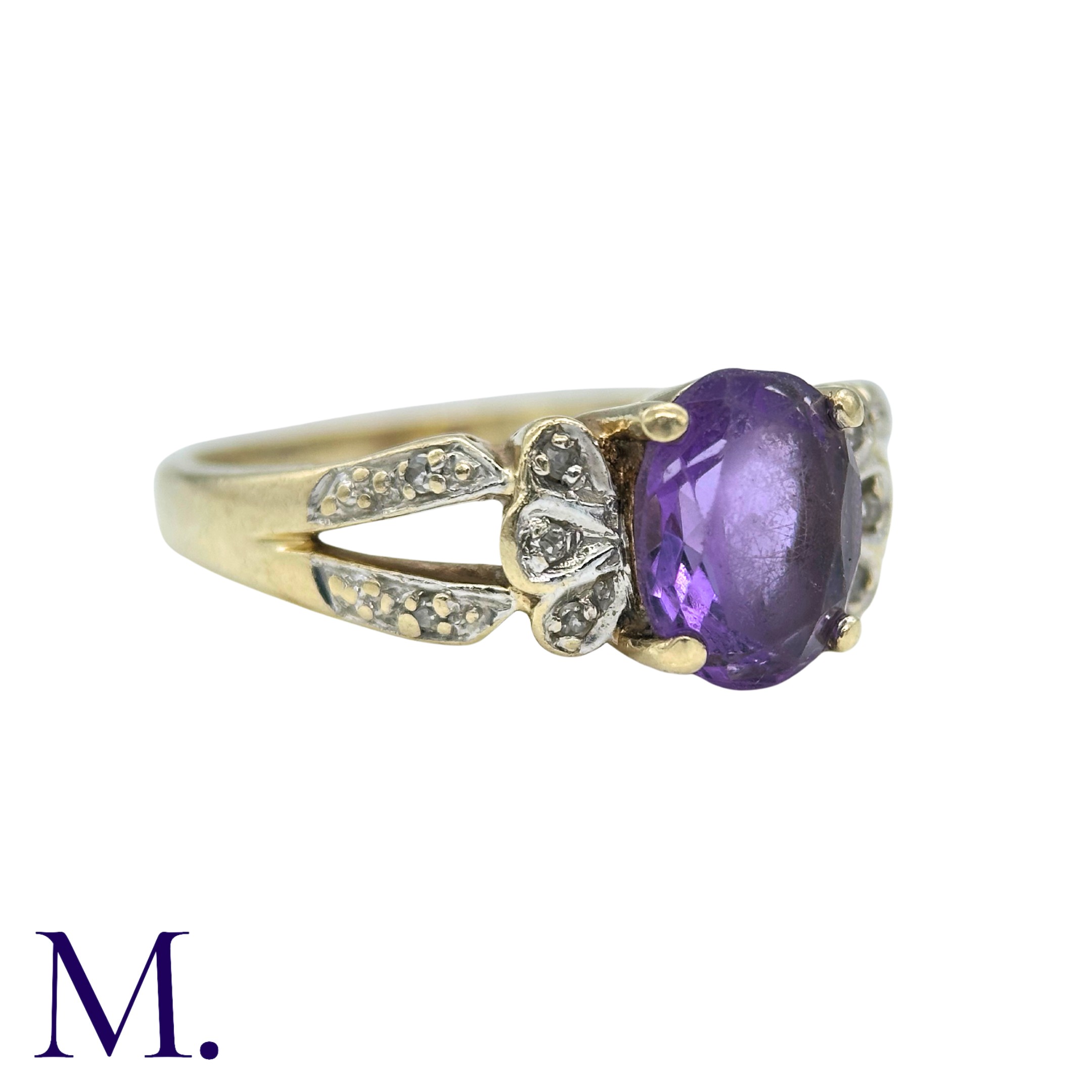 An Amethyst And Diamond Ring in 9k yellow gold, set with a central oval cut amethyst, accented by - Image 3 of 4