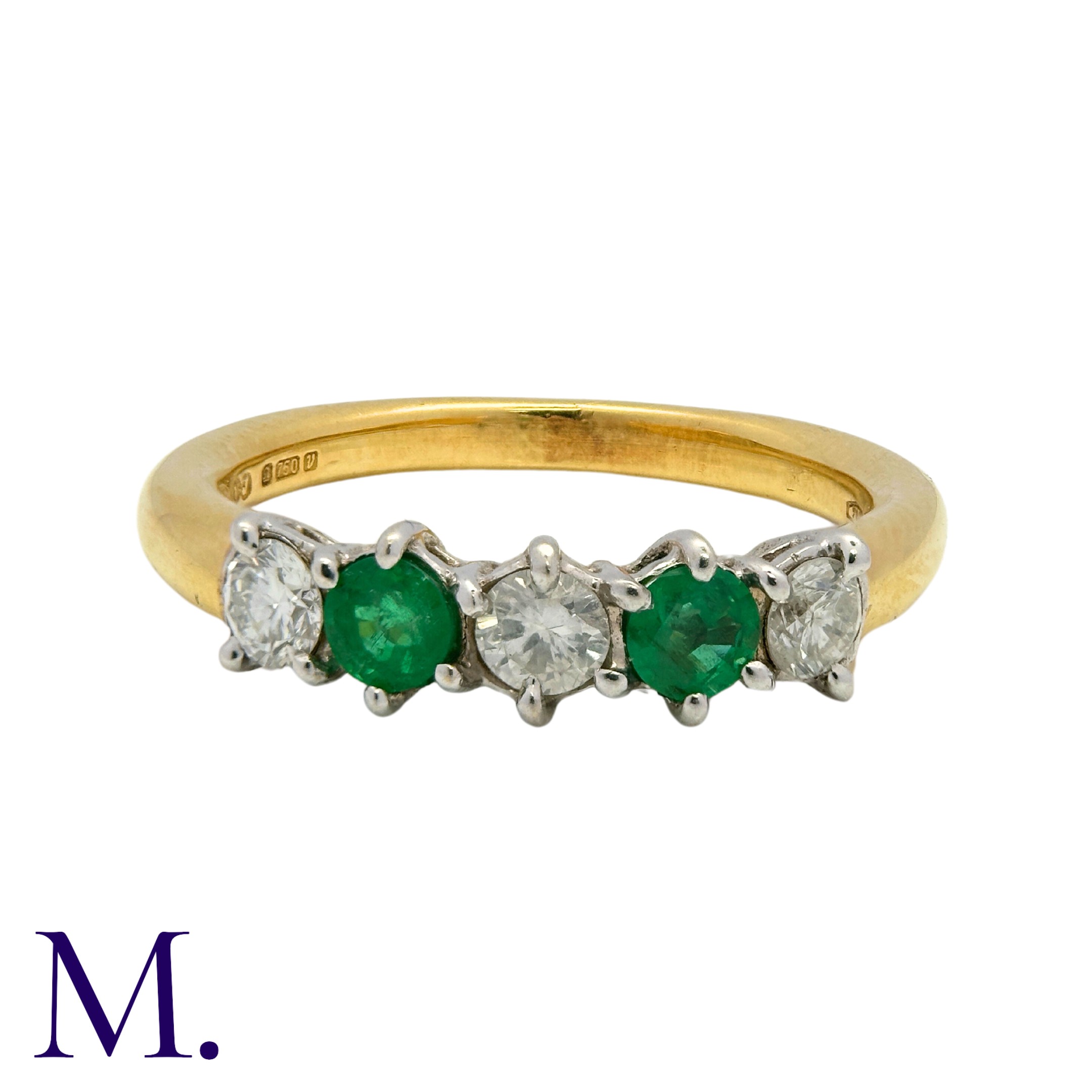 An Emerald and Diamond 5-Stone Ring in 18K yellow and white gold, set with three round cut - Image 2 of 3