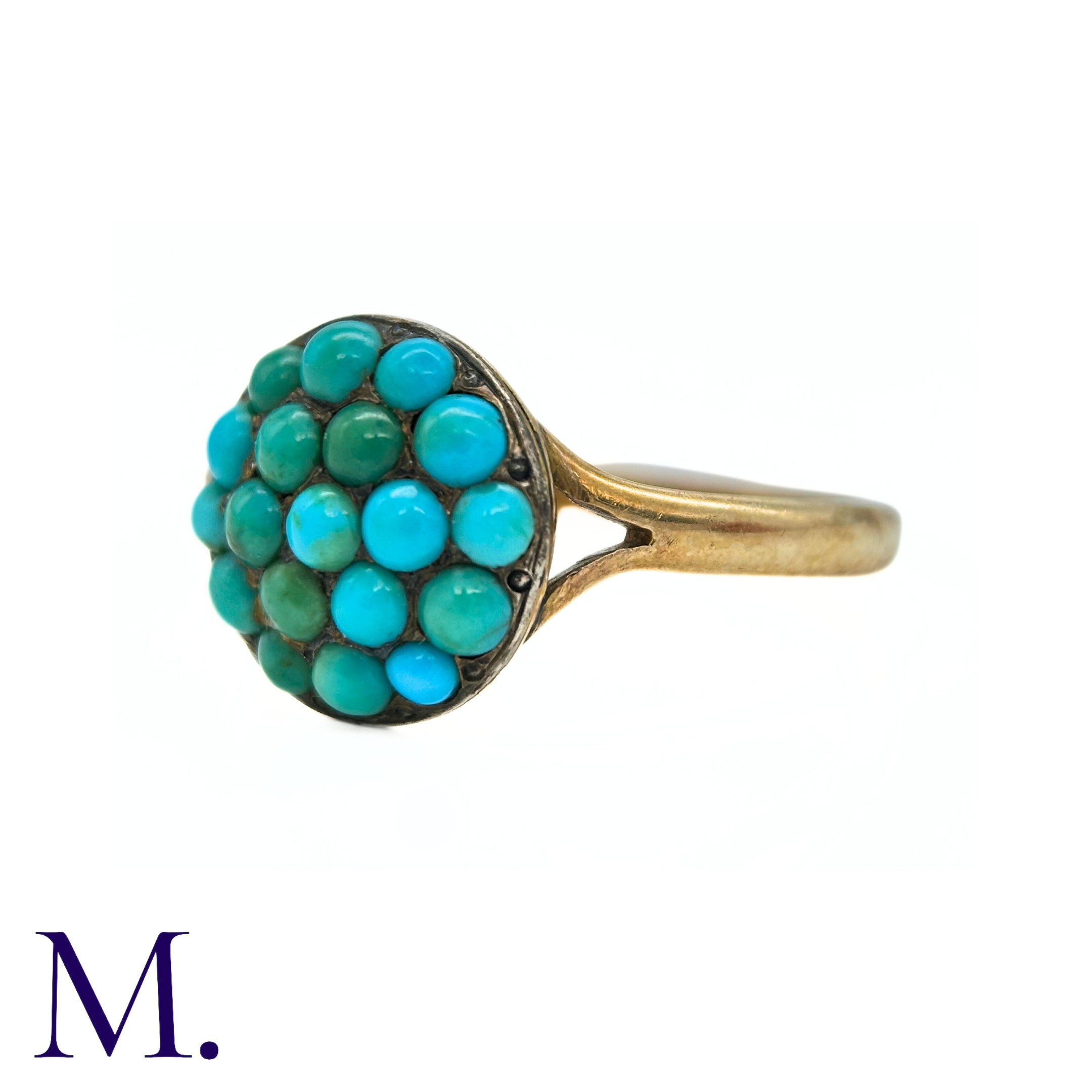 An Antique Turquoise Ring in yellow gold, the face pave set with cabochon turquoise. (Untested but - Image 2 of 4