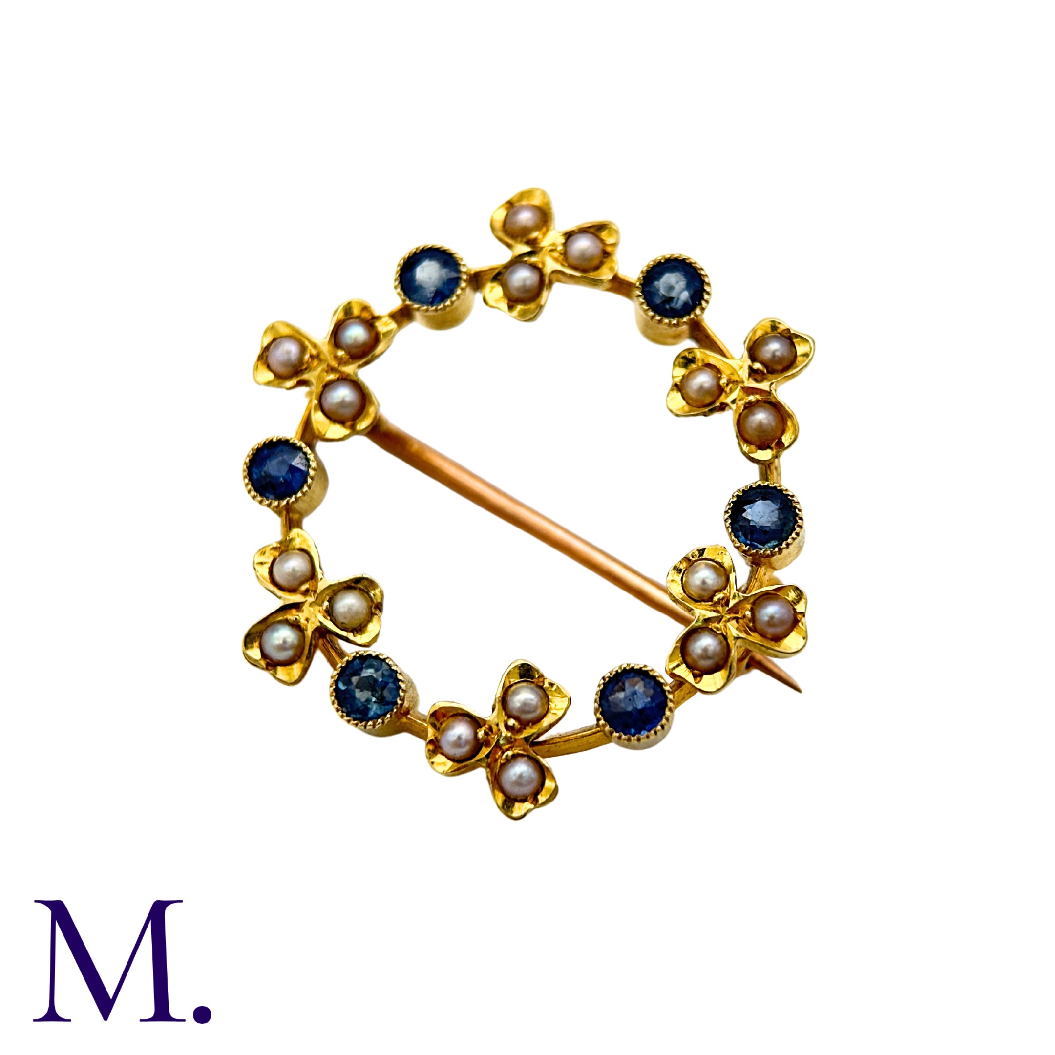 A Pearl And Sapphire Brooch in 15k yellow gold, the circular, foliate form set with round cut - Image 3 of 4