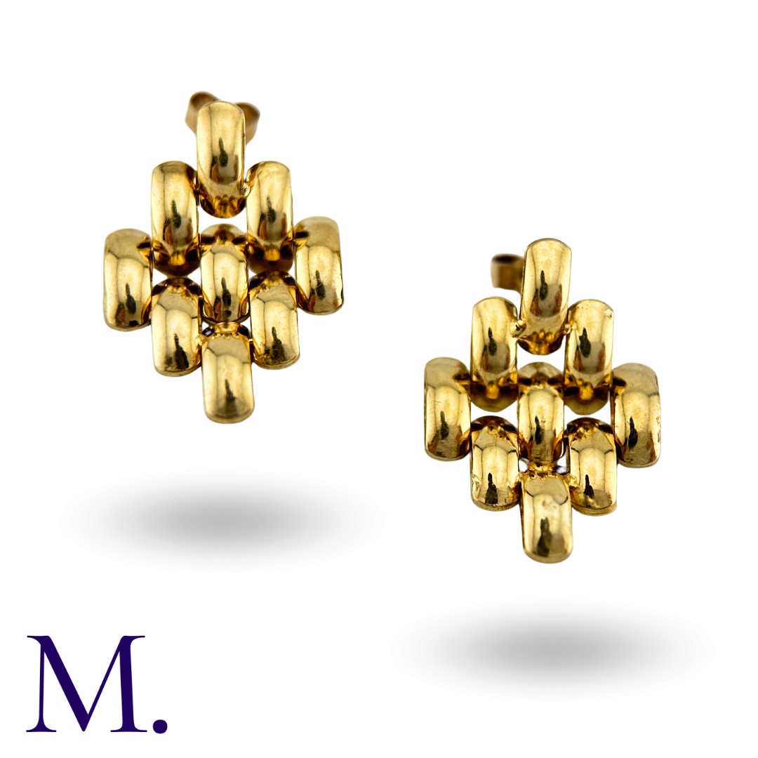 A Pair of Articulated Earrings in 9K yellow gold, in articulated link form. Posts with butterfly