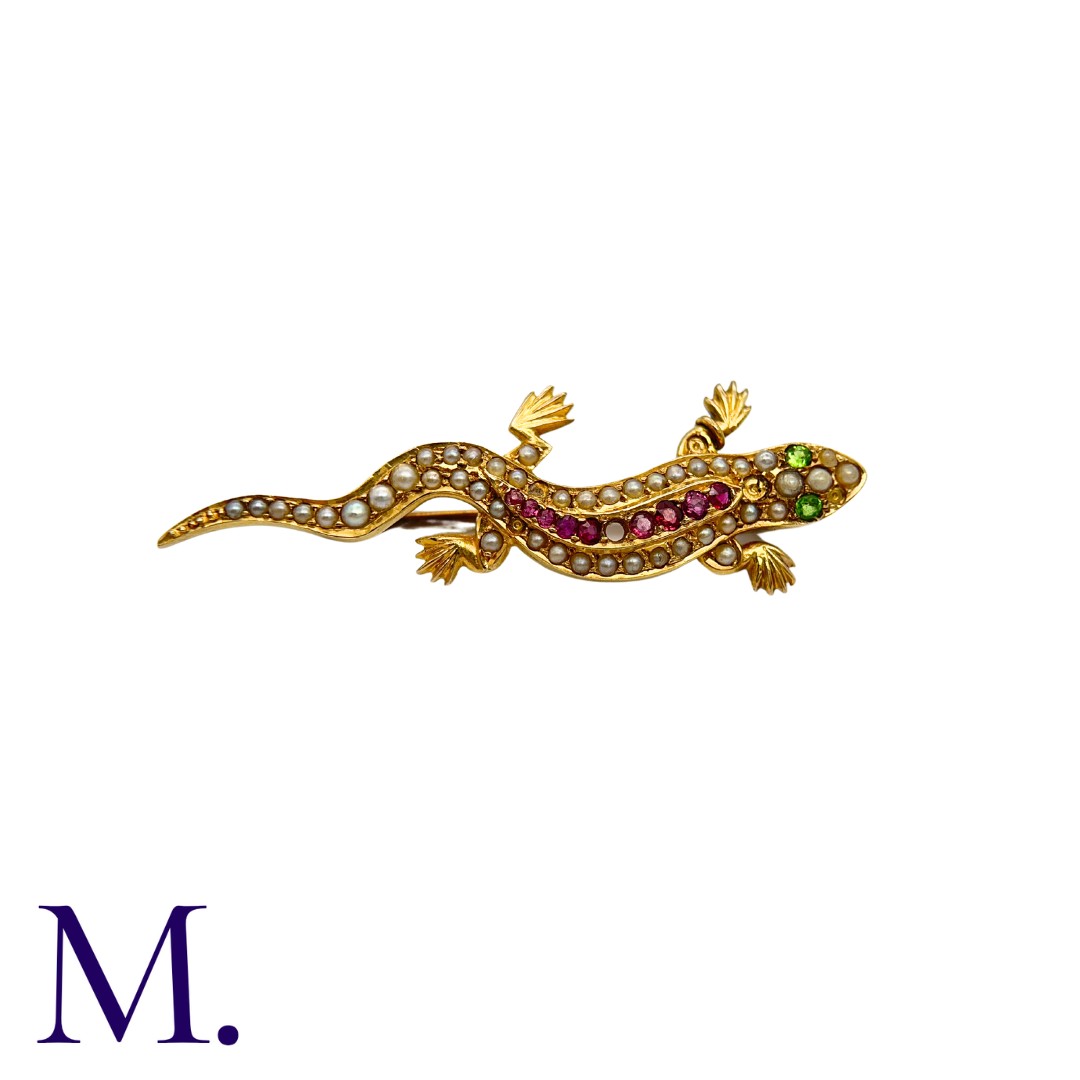 A Gem-Set Salamander Brooch in 15K yellow gold, set with peridot, rubies (one deficient) and