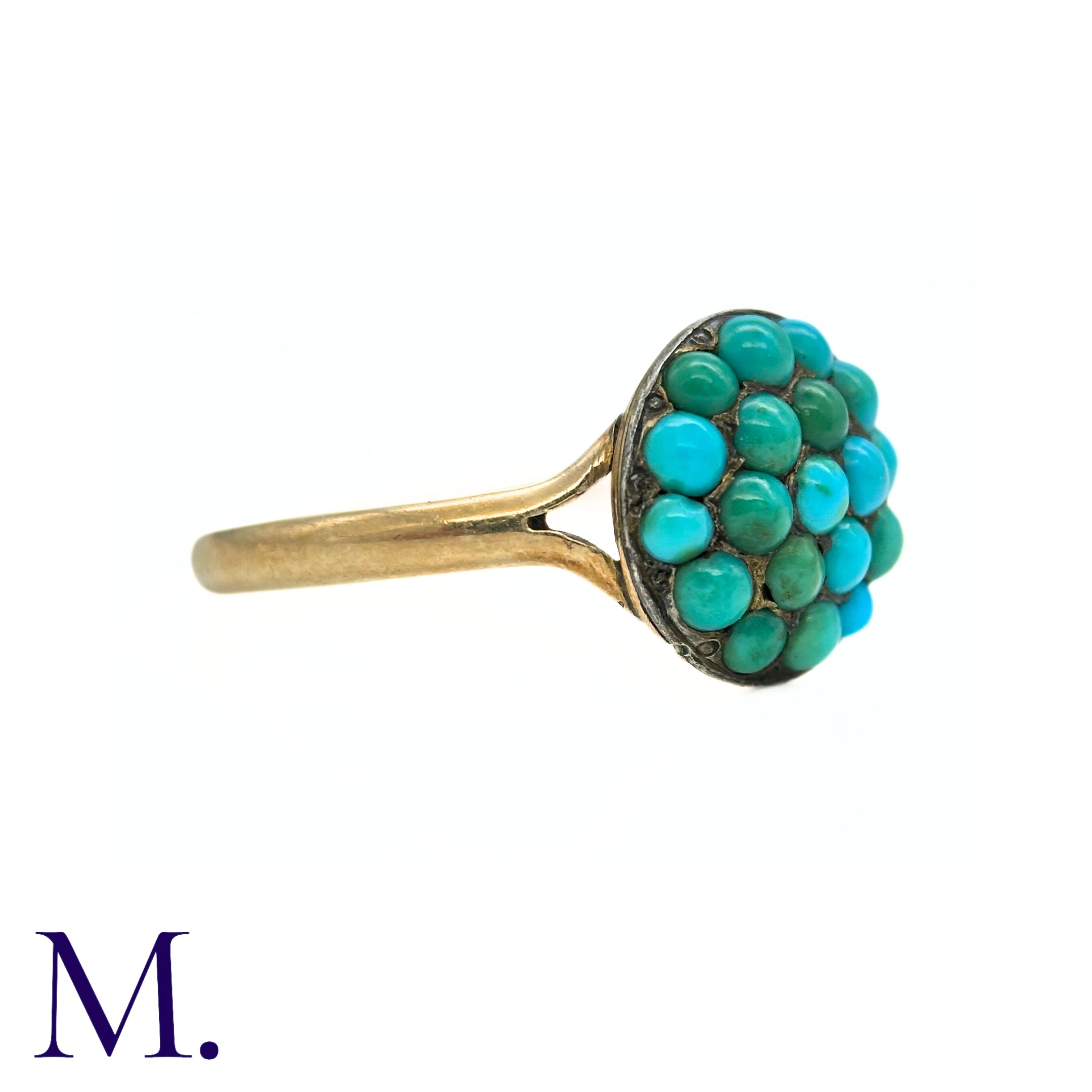 An Antique Turquoise Ring in yellow gold, the face pave set with cabochon turquoise. (Untested but - Image 3 of 4