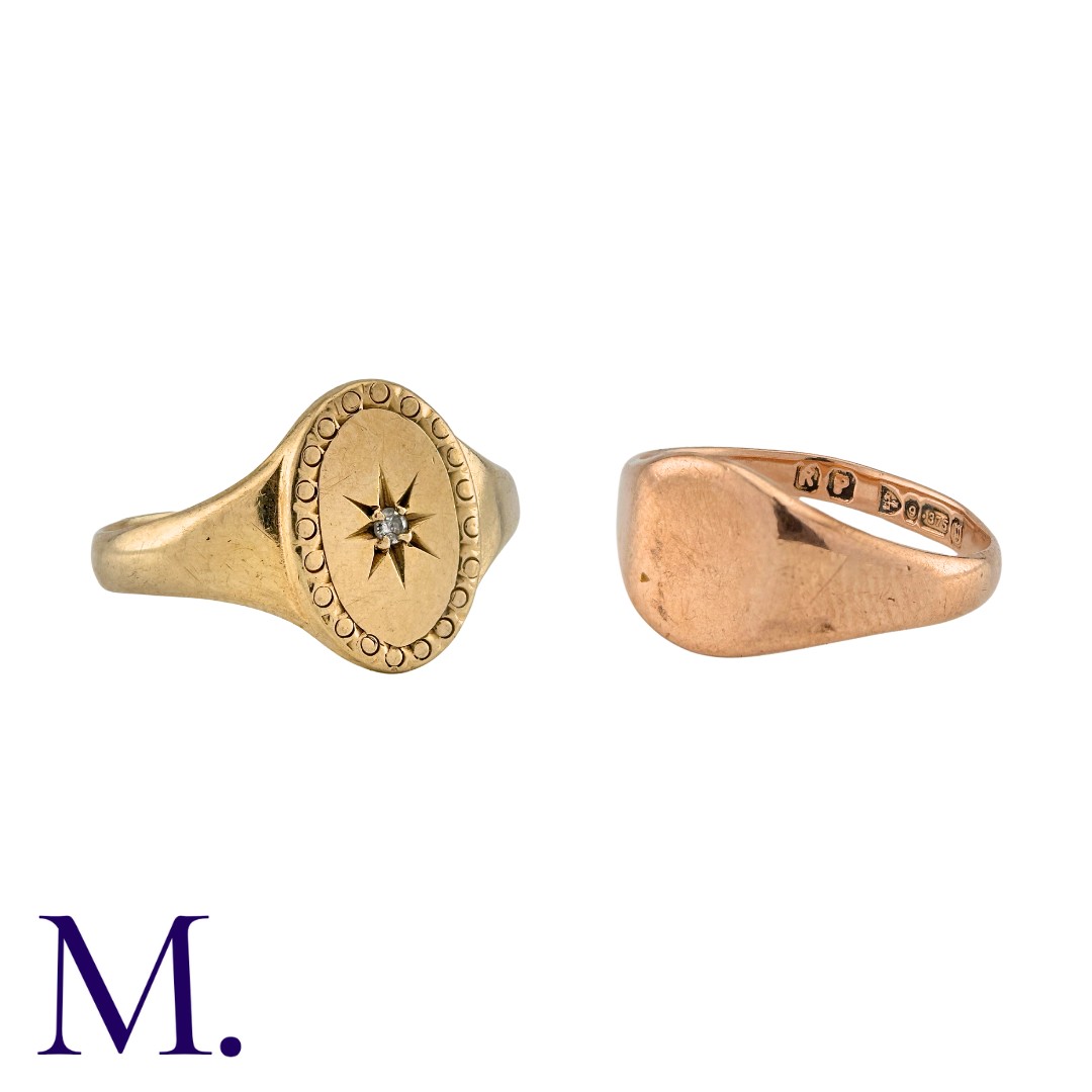 Two Gold Signet Rings in 9K gold. One with a plain face in 9ct rose gold and the other set with a