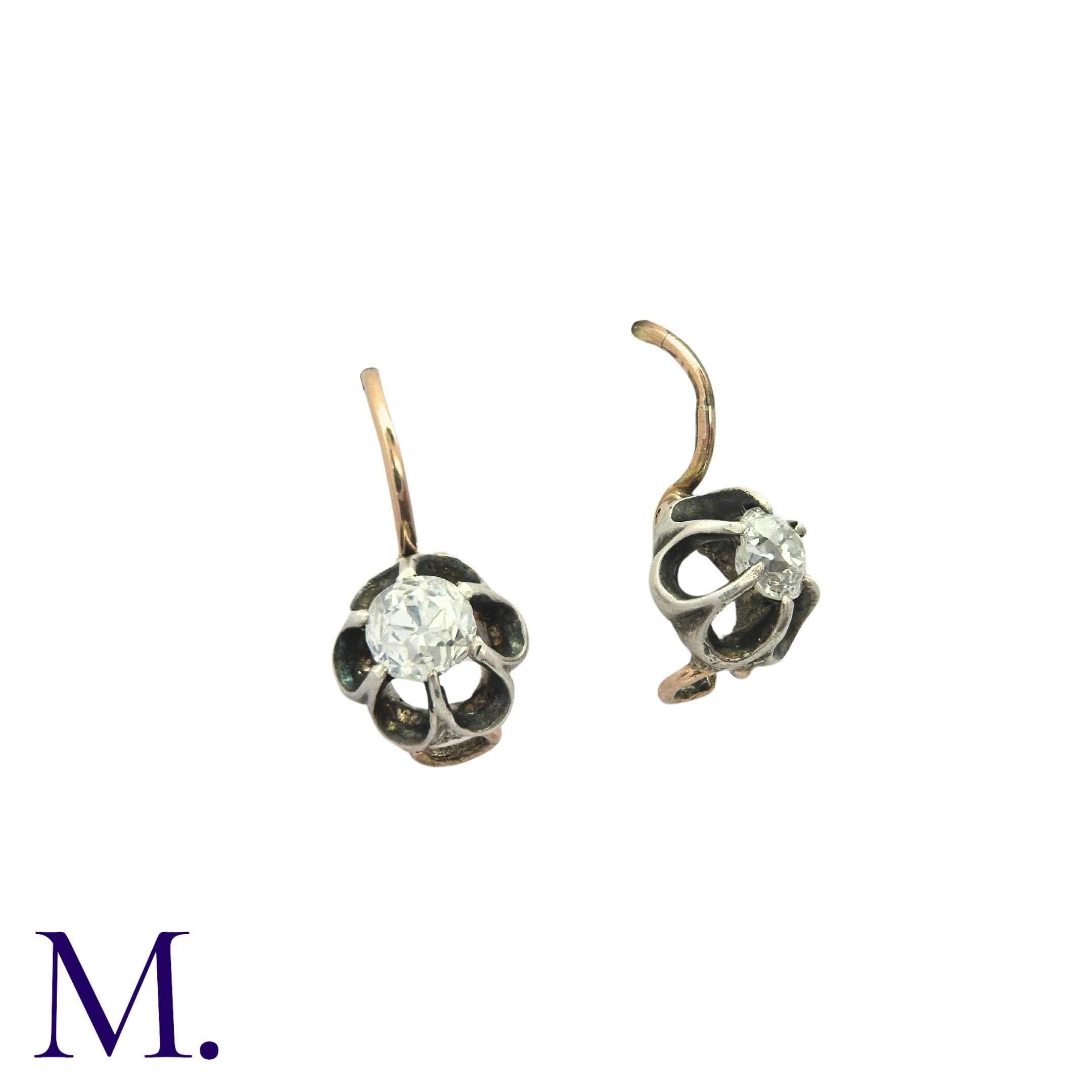 A Pair of Antique Old Cut Diamond Earrings in yellow gold and silver, each comprising an old cut - Image 2 of 2