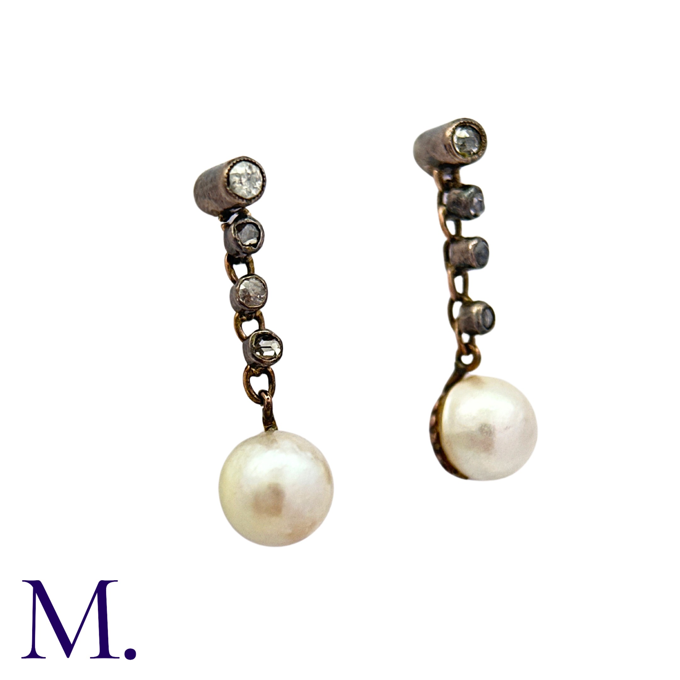 A Pair of Antique Pearl and Diamond Earrings in yellow gold and silver, each comprising an - Image 3 of 3