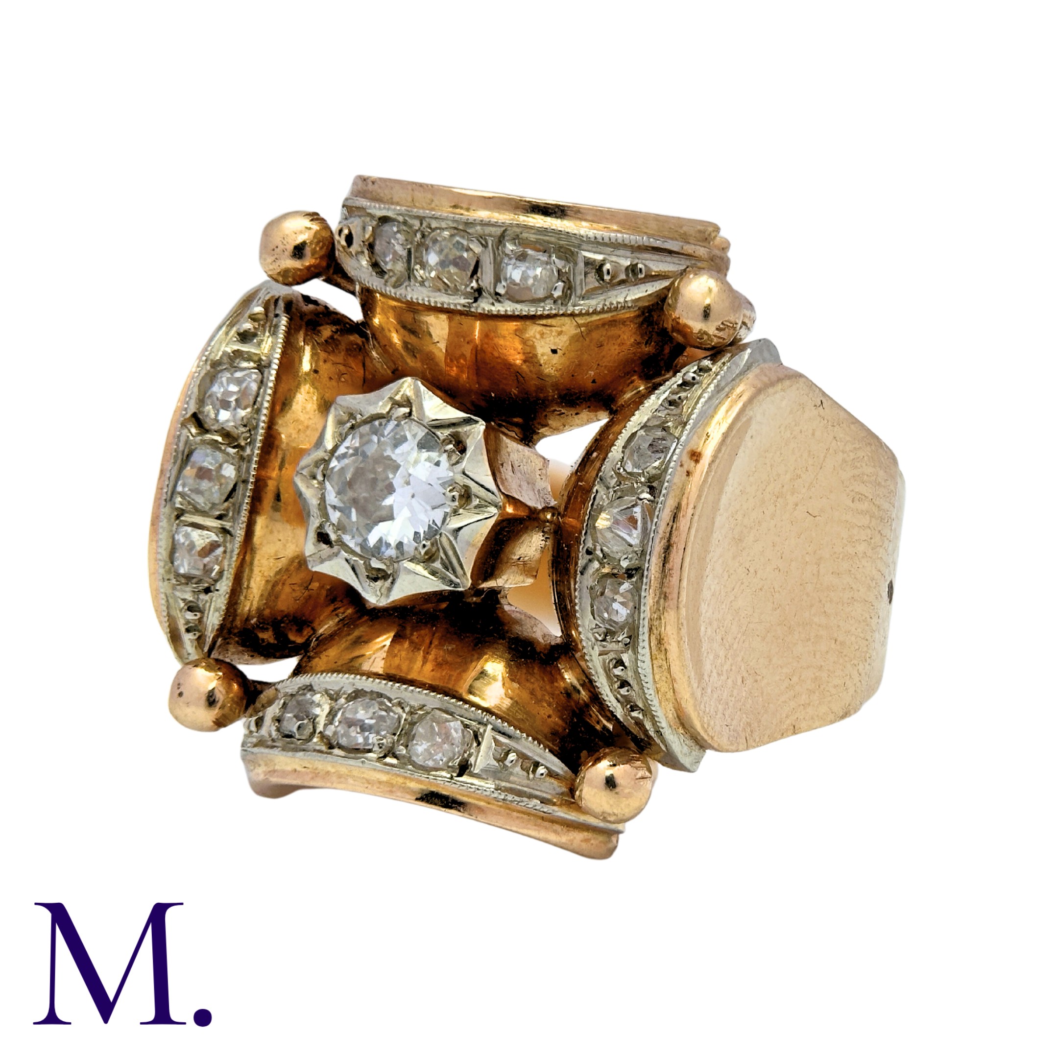 A Diamond Retro Ring in 18K yellow gold, set with a round cut diamond to the centre with rose cut - Image 3 of 6