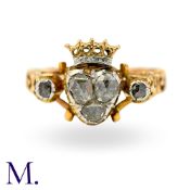 An Antique Crowned Heart Rose Cut Diamond Ring in yellow gold, set with three principal rose cut