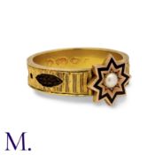 A Victorian Pearl & Enamel Mourning Ring in 18k yellow gold, the textured band inlaid with woven