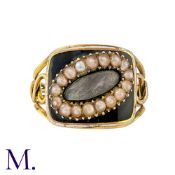 A Hairwork, Pearl And Enamel Mourning Ring in yellow gold, the square face with lack and white