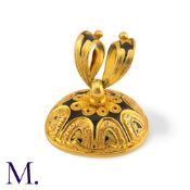 An Antique Enamel And Bloodstone Fob Seal in yellow gold, the ornately engraved and enamelled body