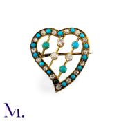 A Turquoise And Pearl Heart Brooch in 15k yellow gold, designed as a heart set with cabochon