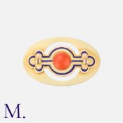 A Coral And Enamel Brooch in yellow gold, the oval form set centrally with a cabochon piece of