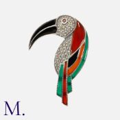 A Toucan Brooch in silver, set with carnelian, marcasite, onyx and chrysoprase. Size: 7.5cm