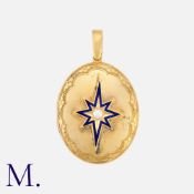 A Victorian Locket Pendant in yellow gold, with blue enamel star motif surrounding a pearl, with