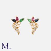 A Pair of Ruby, Sapphire, Emerald and Diamond Earrings in 18ct yellow gold, set with round cut