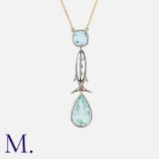 An Antique Aquamarine And Diamond Pendant Necklace in yellow gold and silver, comprising a cushion