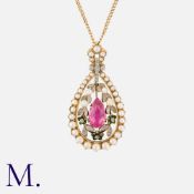 An Antique Pink Tourmaline, Pearl, Diamond and Demantoid Garnet Pendant Necklace in yellow gold,