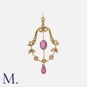 No Reserve - A Tourmaline And Pearl Pendant in 9k yellow gold, the open work foliate and scrolling