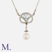 A Diamond and Fine Pearl Pendant Necklace in platinum, in a knot form set with rose cut diamonds,