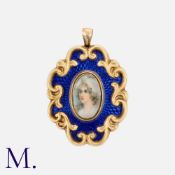 An Enamel Miniature Locket Brooch in yellow gold, the scrolling body decorated with blue enamel