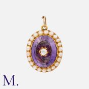 An Antique Amethyst, Diamond and Pearl Pendant in yellow gold, the oval shaped faceted amethyst