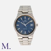 OMEGA GENEVE, A Vintage Gents Wristwatch in stainless steel, the blue dial with white baton hour