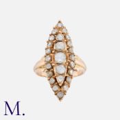 A Rose Cut Diamond Navette Ring in yellow gold, comprising a central navette shaped motif of five