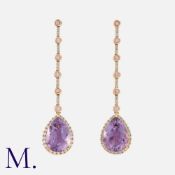 A Large Pair Of Diamond, Amethyst And Pink Sapphire Earrings in 18k rose gold, each comprising an