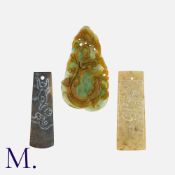 A Collection of Carved Pendants, One Jade and Two Nephrite. Size: 6.7cm , 7.0cm, 7.1cm Weight: 59.