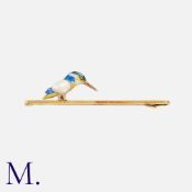 An Enamel and Pearl Kingfisher Brooch in 14k yellow gold, designed as a bar set with a kingfisher,