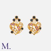 A Pair Of Gem-Set Earrings of foliate design. Size: 1.5cm Weight: 3.6g.