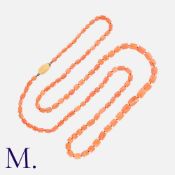 A Coral Necklace in 18k yellow gold, comprising a single graduated string of polished, barrel-shaped
