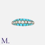 An Antique Turquoise And Pearl Ring in yellow gold, comprising a central row of round pearls,