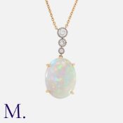 An Opal And Diamond Pendant Necklace in 18k rose gold, set with a principal cabochon opal of