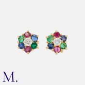 A Pair Of Diamond, Sapphire, Emerald And Ruby Earrings in yellow gold, set centrally within a