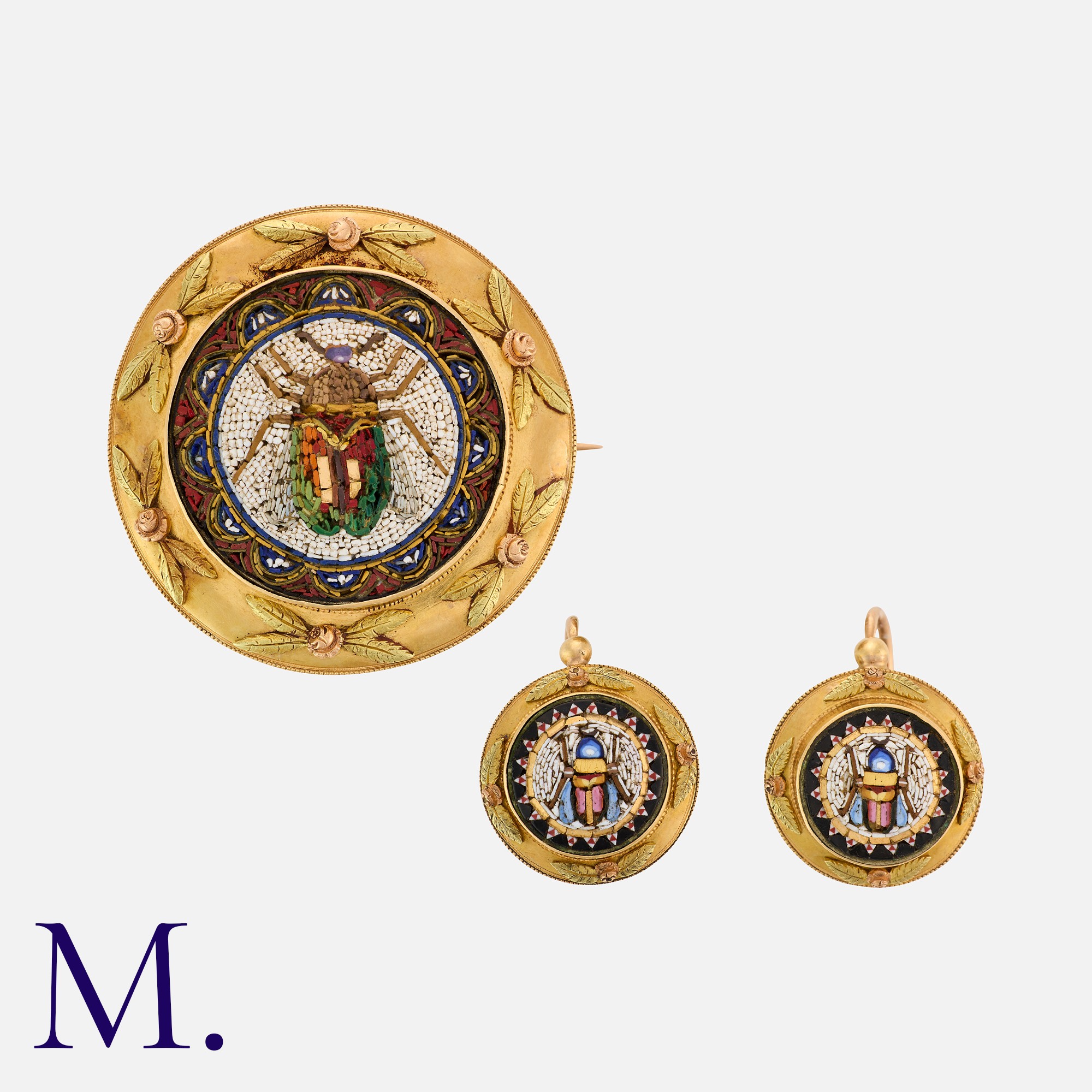 A Fine Micro-Mosaic Brooch and Earrings in yellow, rose and green gold. The brooch with scarab